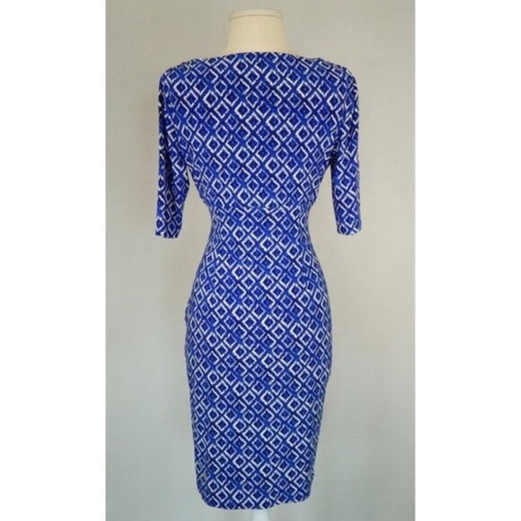 Ralph Lauren Blue Geometric Print Ruched Jersey Dress Size 14 Sheath Stretch - Picture 3 of 9